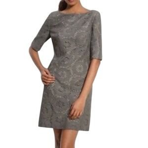 ADRIANNA PAPELL Women Short Sheath Dress 4P Gray Crocheted Lined Half Sleeve